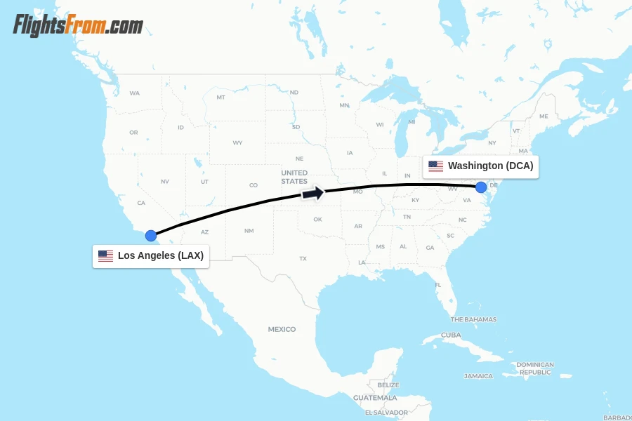 Flights from Los Angeles to Washington route map