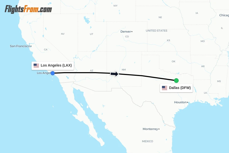 Flights from Los Angeles to Dallas route map