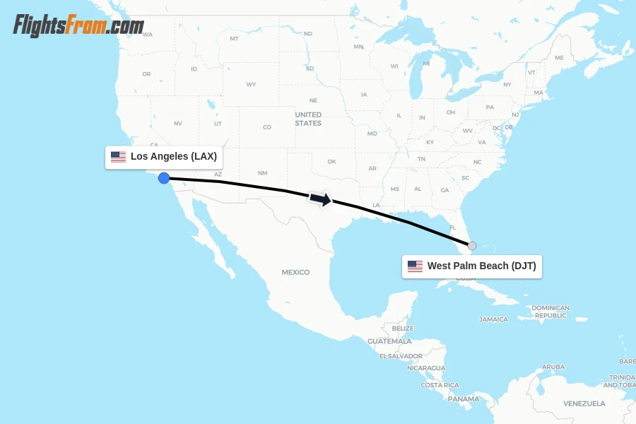 Flights from Los Angeles to West Palm Beach route map