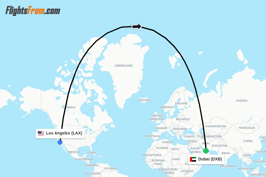 Flights from Los Angeles to Dubai route map
