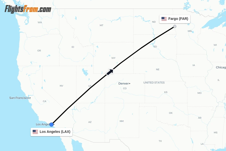 Flights from Los Angeles to Fargo route map