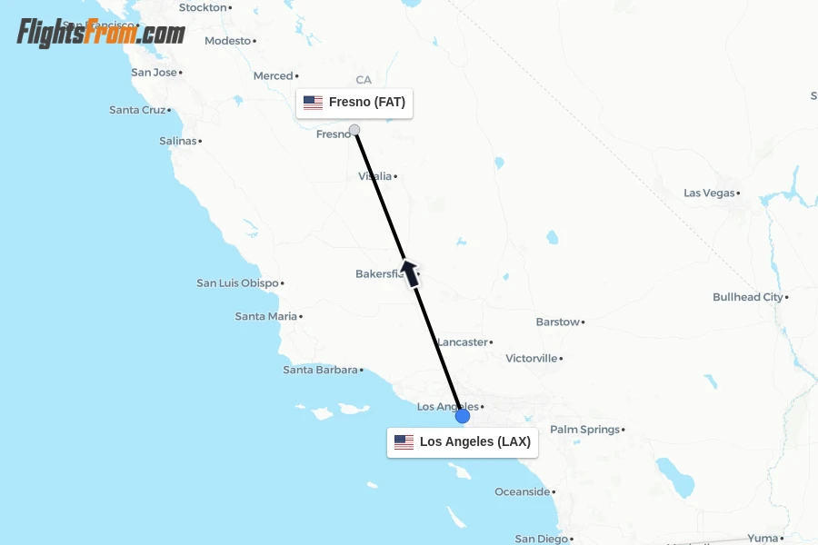 Flights from Los Angeles to Fresno route map