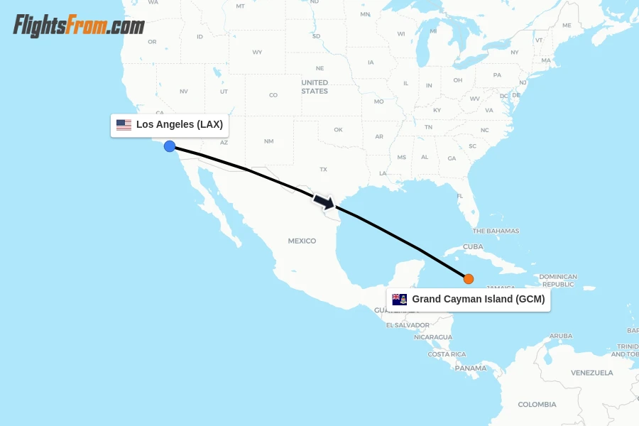 Flights from Los Angeles to Grand Cayman Island route map