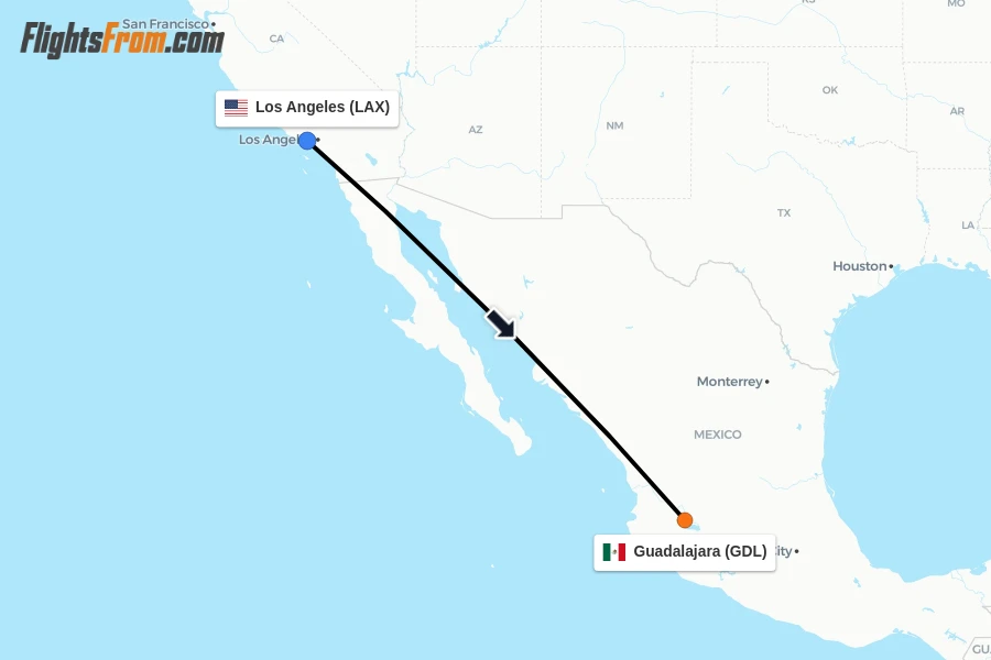 Flights from Los Angeles to Guadalajara route map