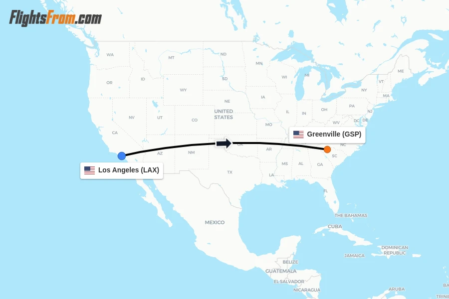 Flights from Los Angeles to Greenville route map