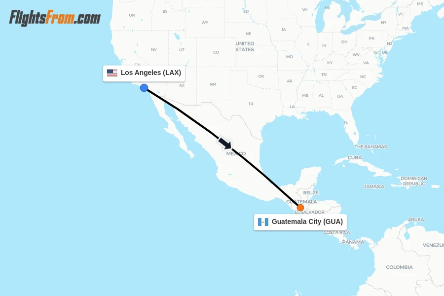 Flights from Los Angeles to Guatemala City route map