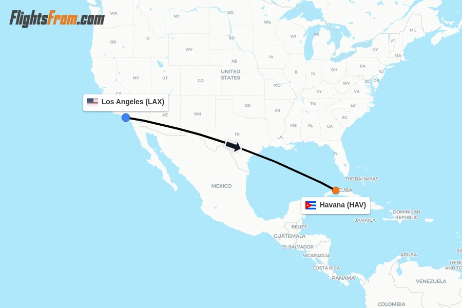 Flights from Los Angeles to Havana route map