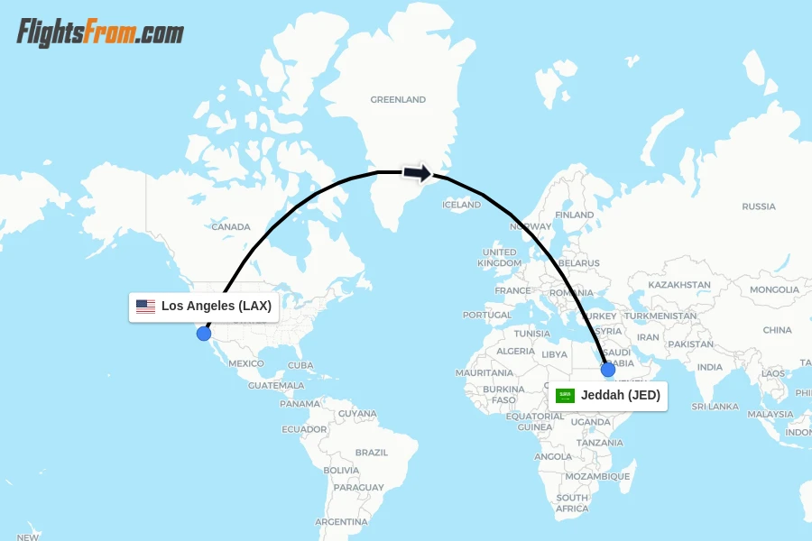 Flights from Los Angeles to Jeddah route map