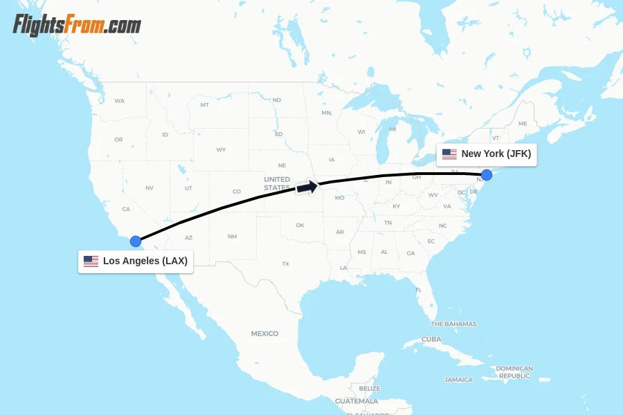 Flights from Los Angeles to New York route map