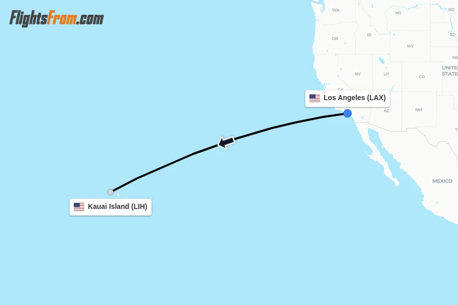 Flights from Los Angeles to Kauai Island route map