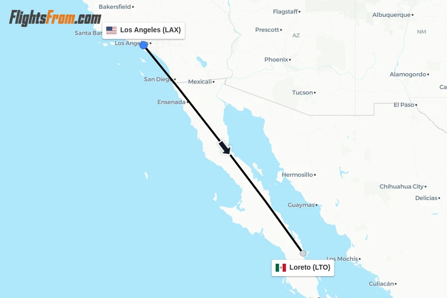 Flights from Los Angeles to Loreto route map