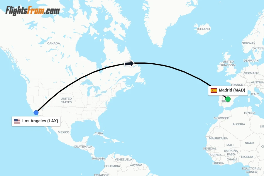 Flights from Los Angeles to Madrid route map