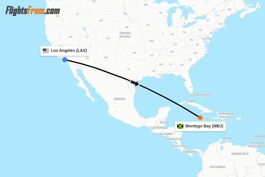 Flights from Los Angeles to Montego Bay route map