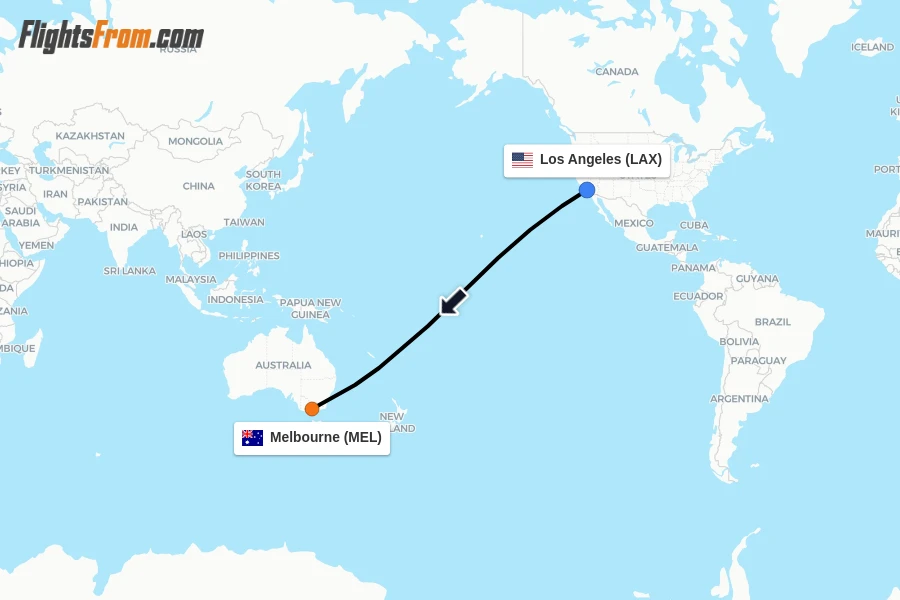 Flights from Los Angeles to Melbourne route map