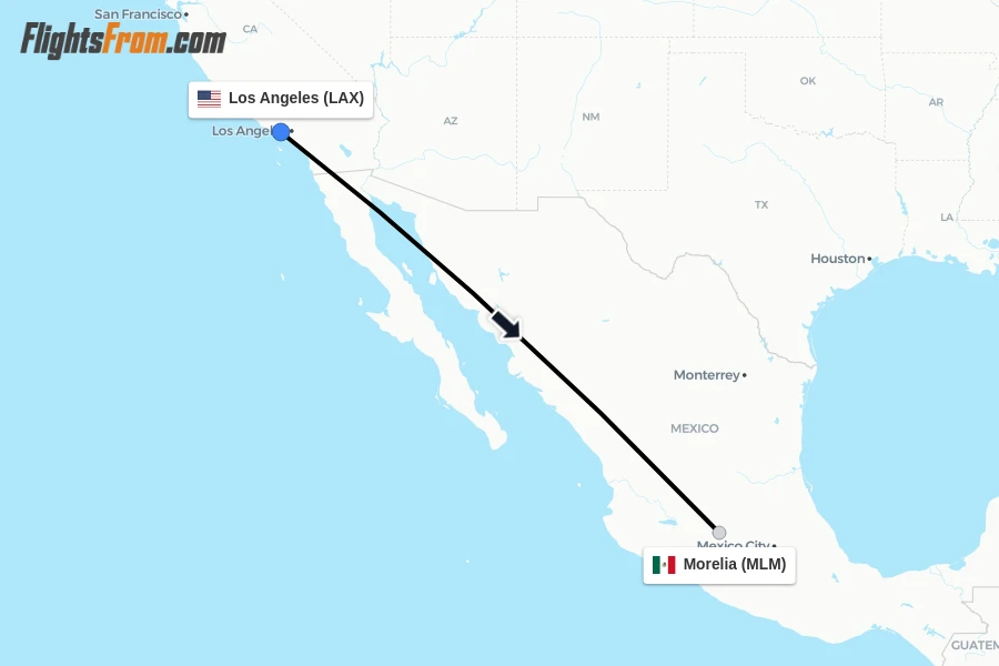 Flights from Los Angeles to Morelia route map