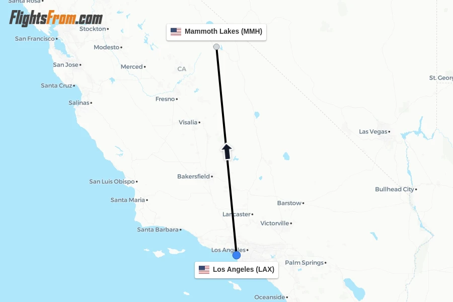 Flights from Los Angeles to Mammoth Lakes route map