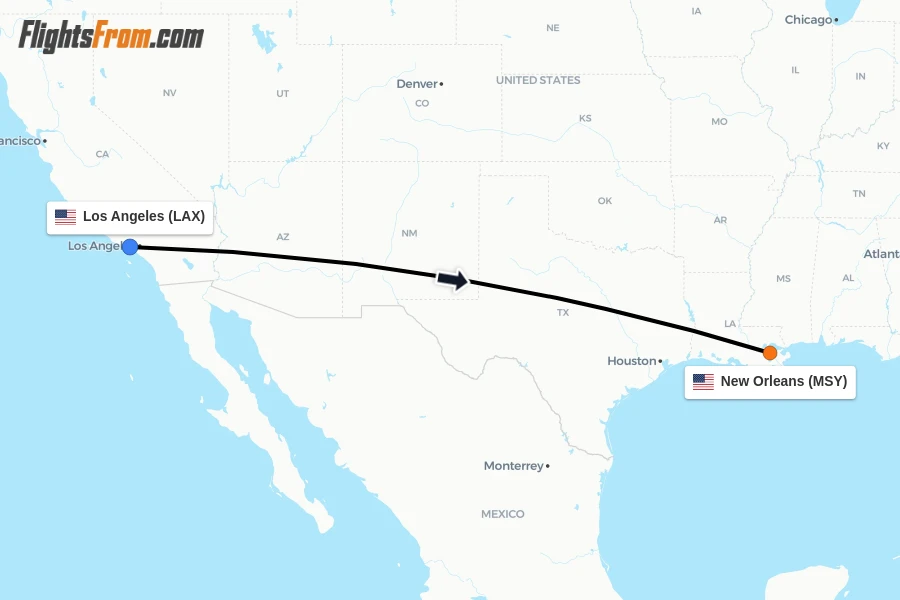 Flights from Los Angeles to New Orleans route map