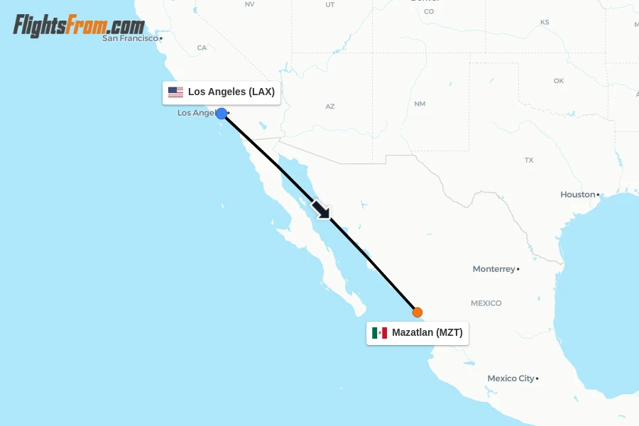 Flights from Los Angeles to Mazatlan route map