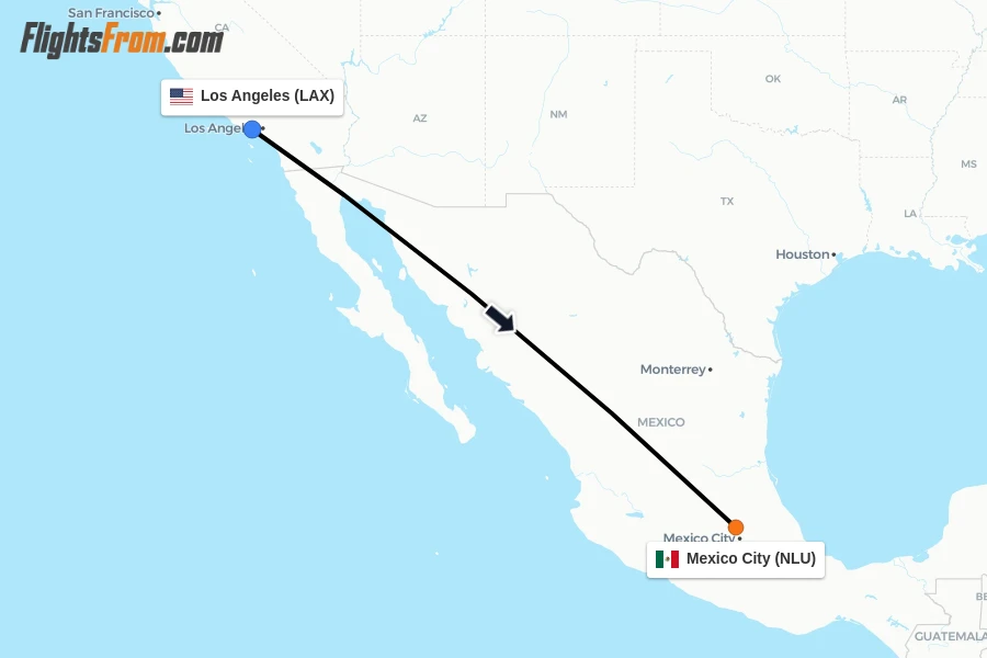 Flights from Los Angeles to Mexico City route map