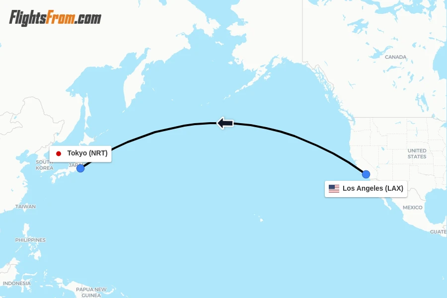 Flights from Los Angeles to Tokyo route map