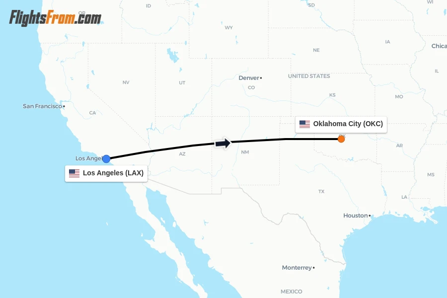 Flights from Los Angeles to Oklahoma City route map