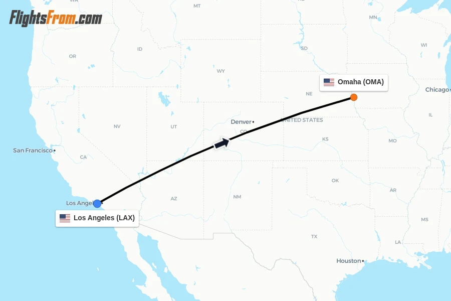 Flights from Los Angeles to Omaha route map
