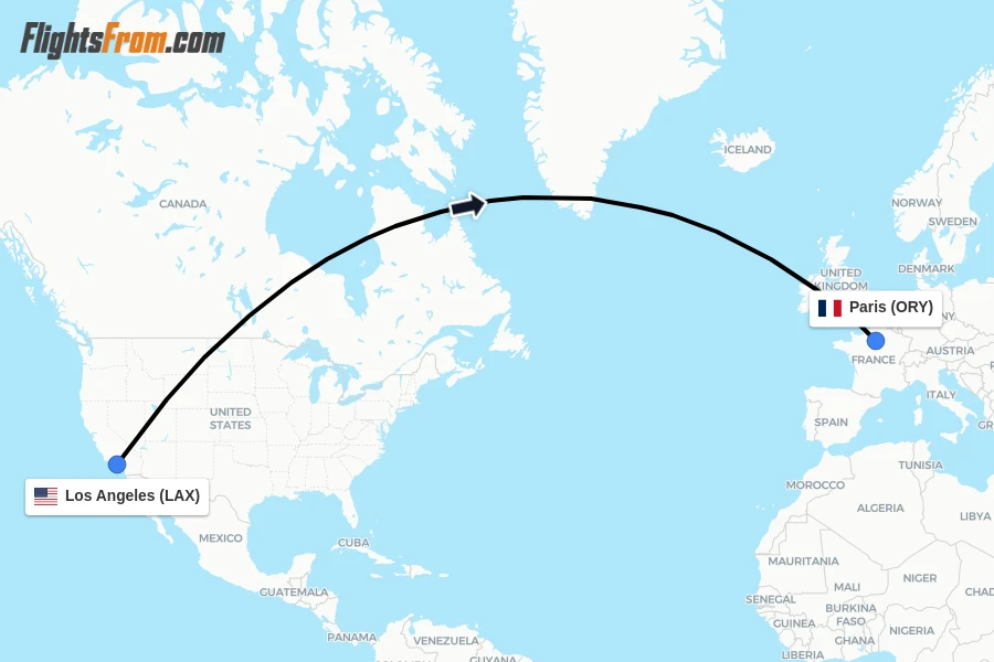 Flights from Los Angeles to Paris route map