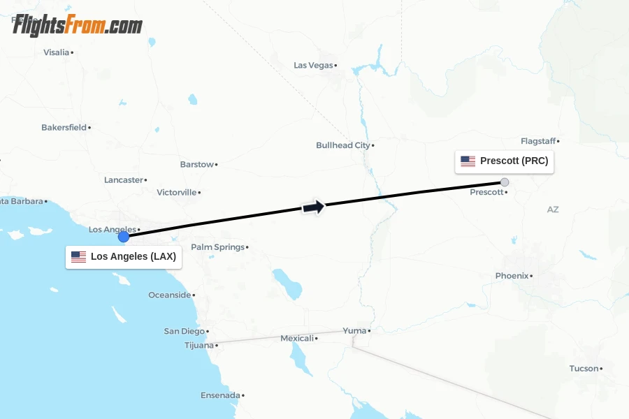 Flights from Los Angeles to Prescott route map