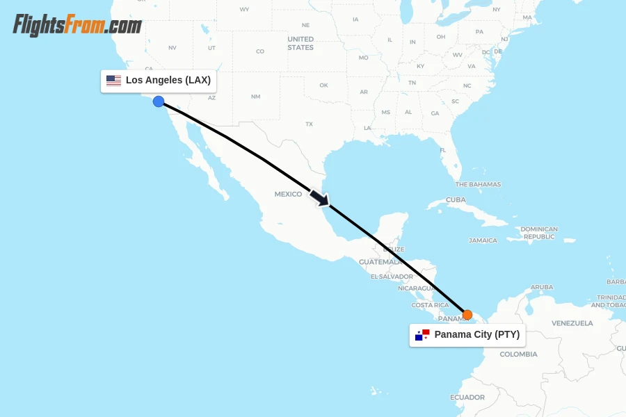 Flights from Los Angeles to Panama City route map
