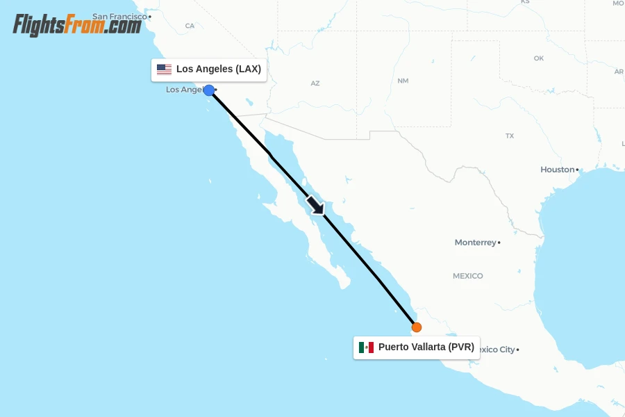 Flights from Los Angeles to Puerto Vallarta route map