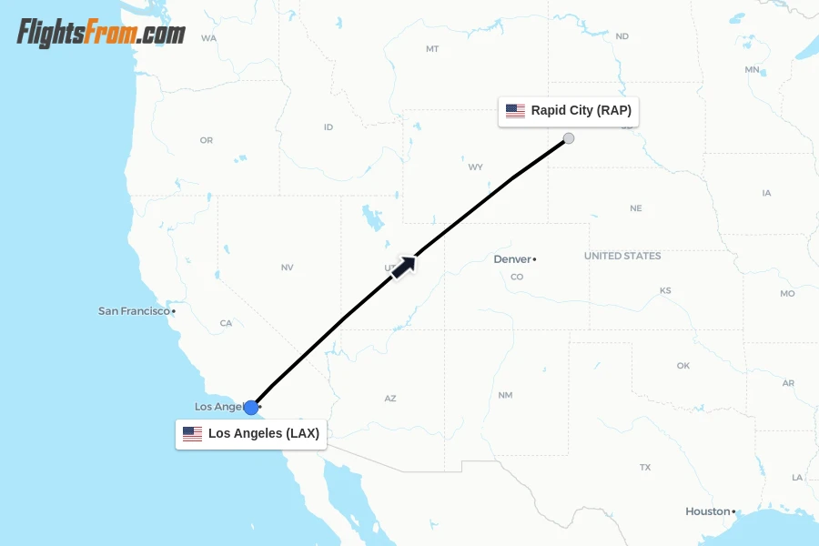Flights from Los Angeles to Rapid City route map