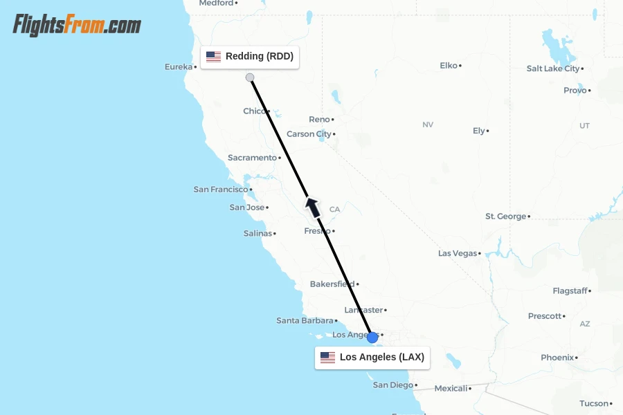 Flights from Los Angeles to Redding route map