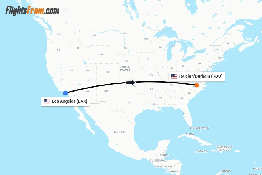 Flights from Los Angeles to Raleigh/Durham route map
