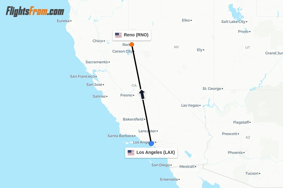 Flights from Los Angeles to Reno route map