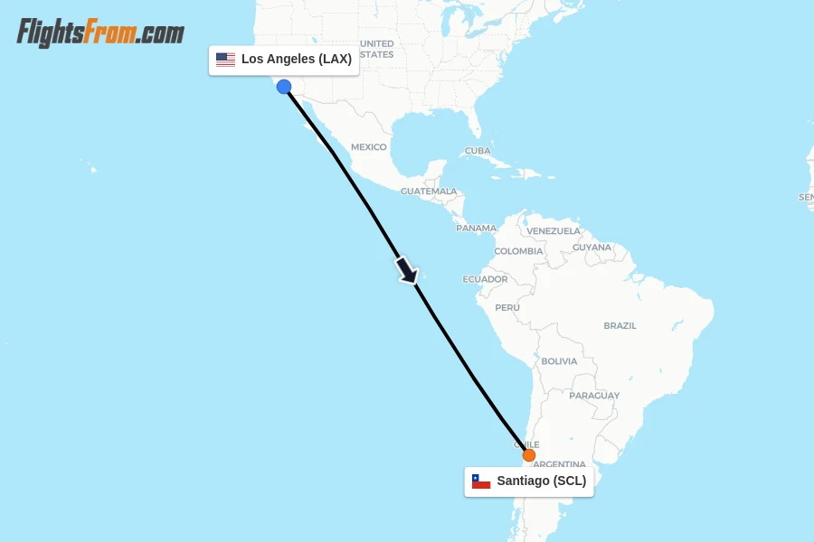 Flights from Los Angeles to Santiago route map