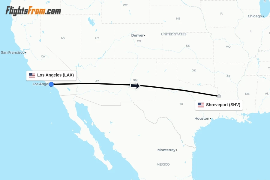 Flights from Los Angeles to Shreveport route map