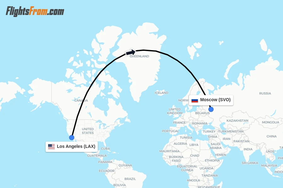 Flights from Los Angeles to Moscow route map