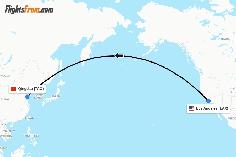 Flights from Los Angeles to Qingdao route map