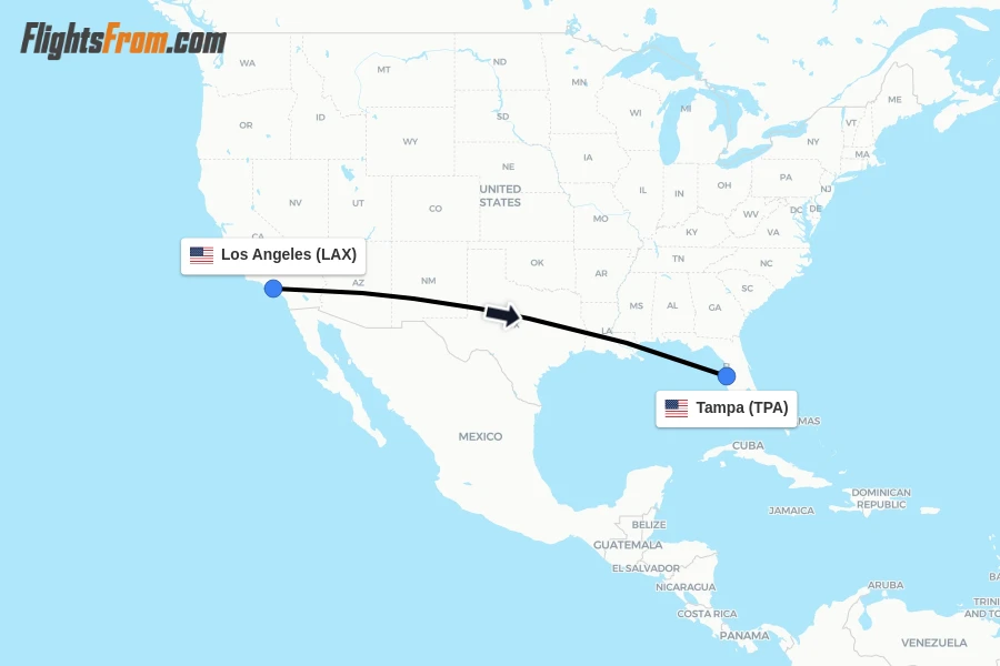Flights from Los Angeles to Tampa route map