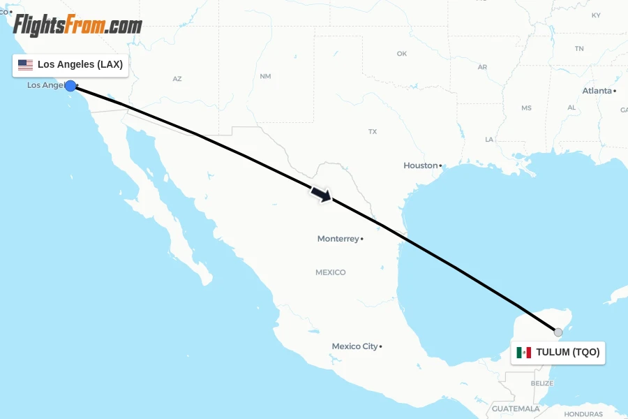 Flights from Los Angeles to TULUM route map