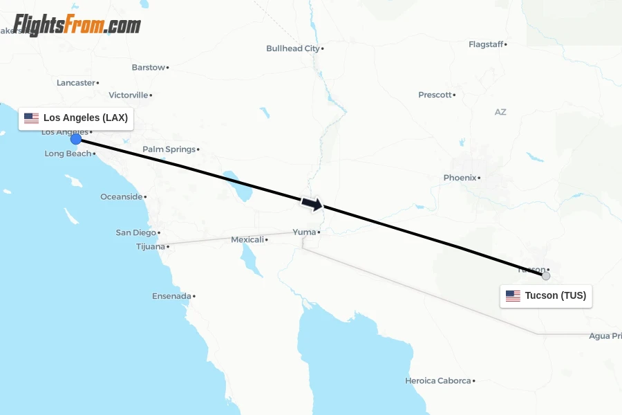 Flights from Los Angeles to Tucson route map