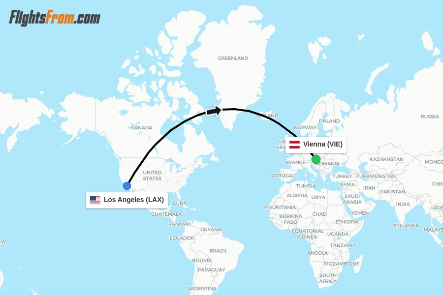 Flights from Los Angeles to Vienna route map
