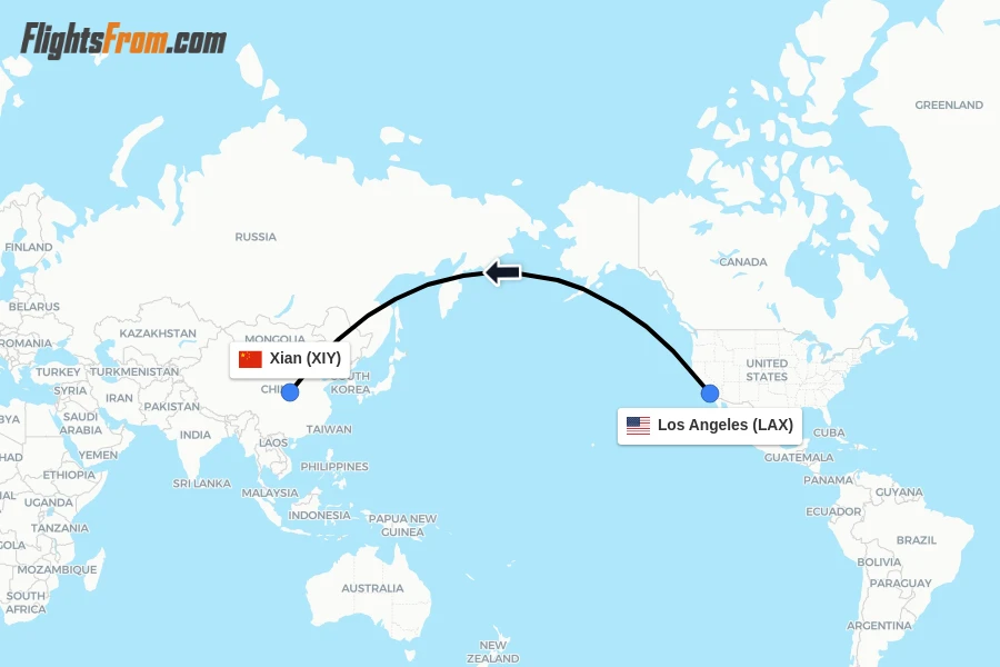 Flights from Los Angeles to Xian route map