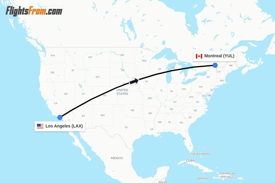 Flights from Los Angeles to Montreal route map