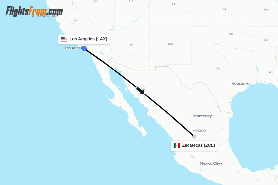 Flights from Los Angeles to Zacatecas route map