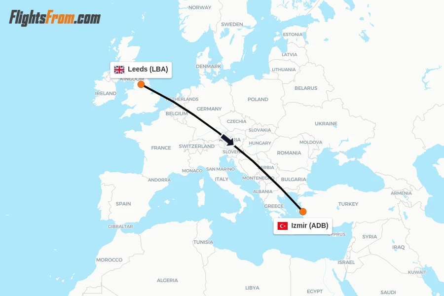 Flights from Leeds to Izmir route map