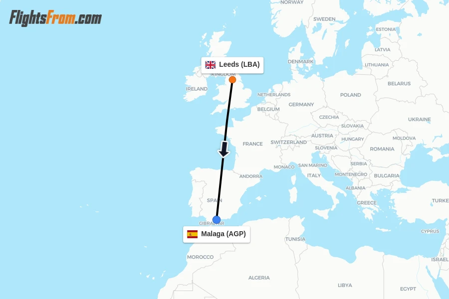Flights from Leeds to Malaga route map