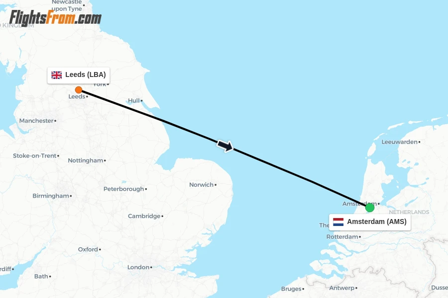 Flights from Leeds to Amsterdam route map