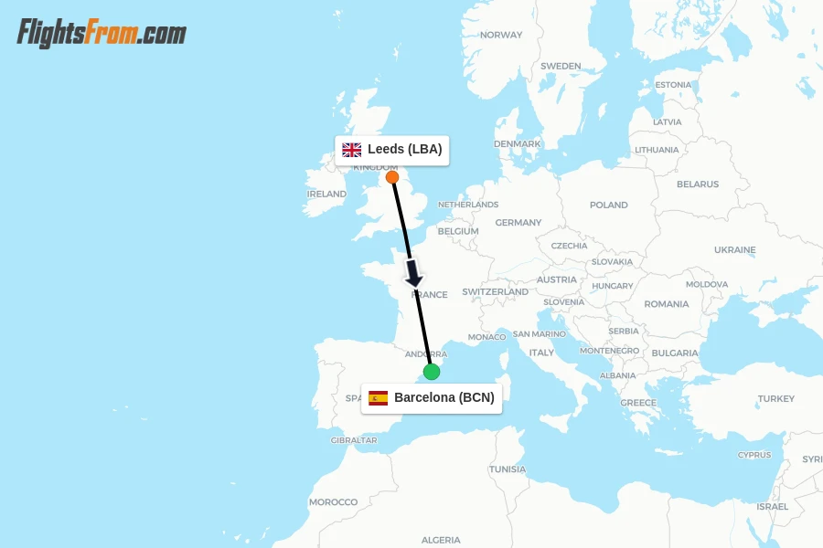 Flights from Leeds to Barcelona route map