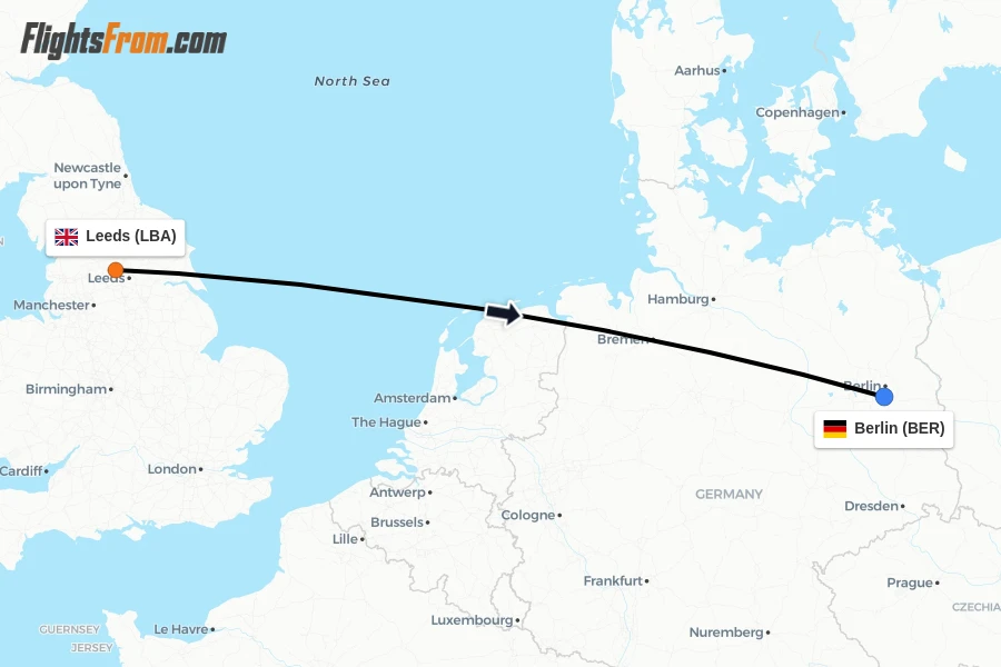 Flights from Leeds to Berlin route map